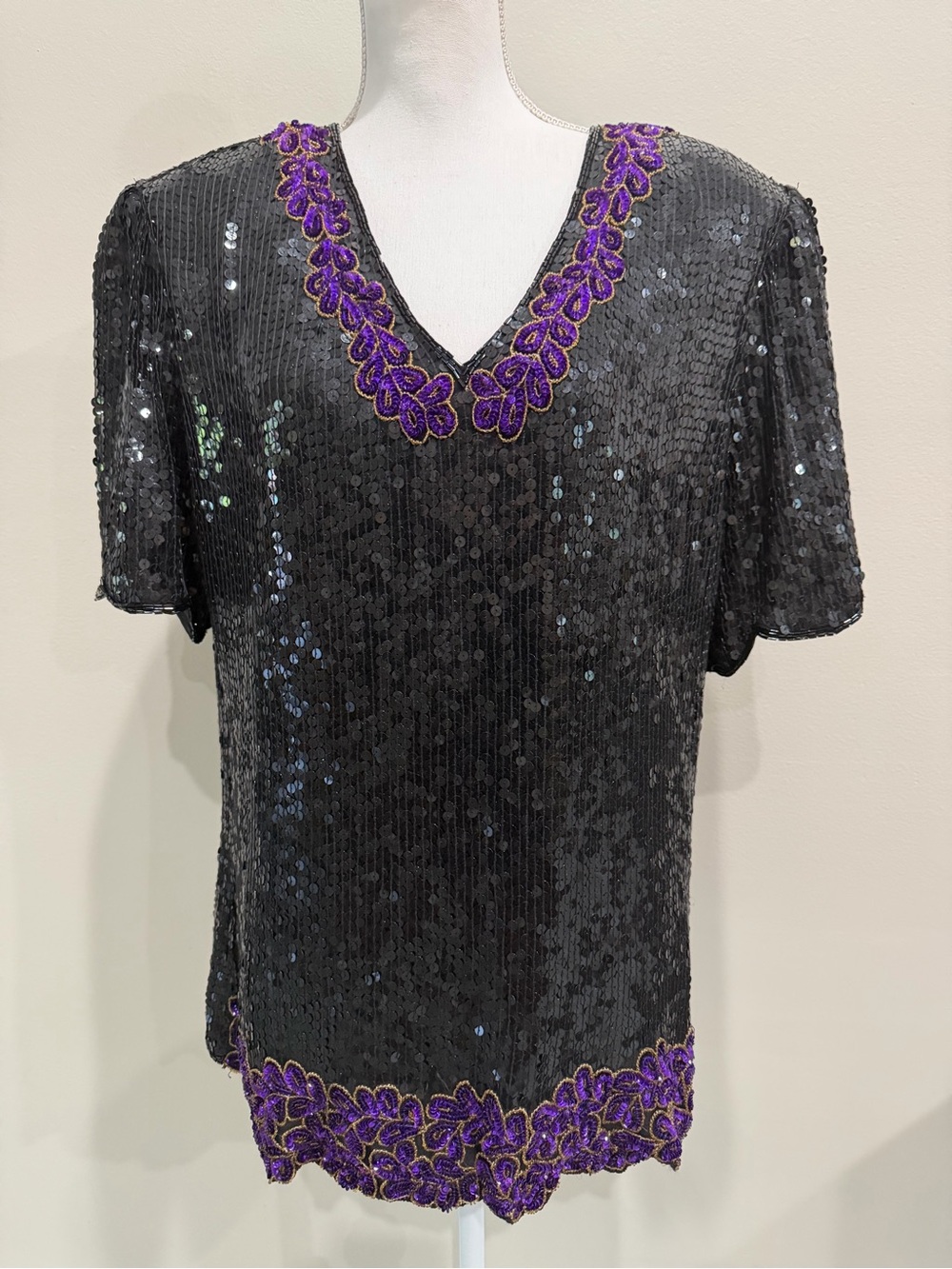 Vintage Stenay Sequin Beaded Blouse Top Plus Size 1X 100% Silk Black Purple Trim
